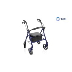 Rollator pieghevole TETI colore blu, schienale imbottito ribaltabile ed estraibile, seduta imbottita, freno di stazionamento. Portata max 136 kg.