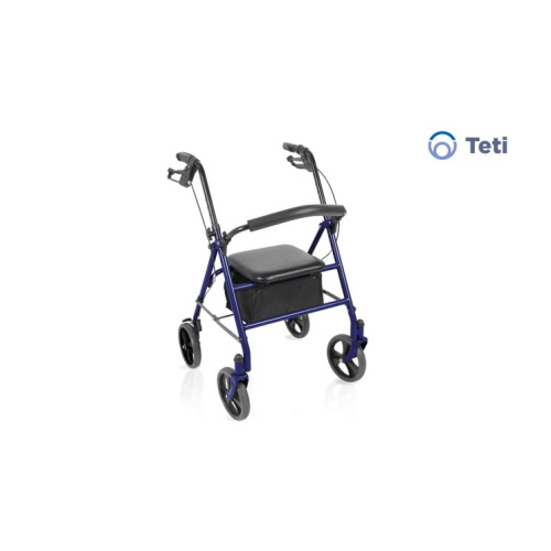 Rollator pieghevole TETI colore blu, schienale imbottito ribaltabile ed estraibile, seduta imbottita, freno di stazionamento. Portata max 136 kg.