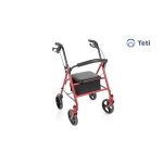 Rollator pieghevole TETI colore rosso, schienale imbottito ribaltabile ed estraibile, seduta imbottita, freno di stazionamento. Portata max 136 kg.