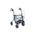 Rollator pieghevole Dyone 2.0 colore azzurro, 4 ruote piene Ø20 cm, freni a doppia funzione, sedile, vassoio e cestino. Portata max 130 kg.