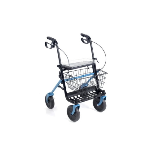 Rollator pieghevole Dyone 2.0 colore azzurro, 4 ruote piene Ø20 cm, freni a doppia funzione, sedile, vassoio e cestino. Portata max 130 kg.