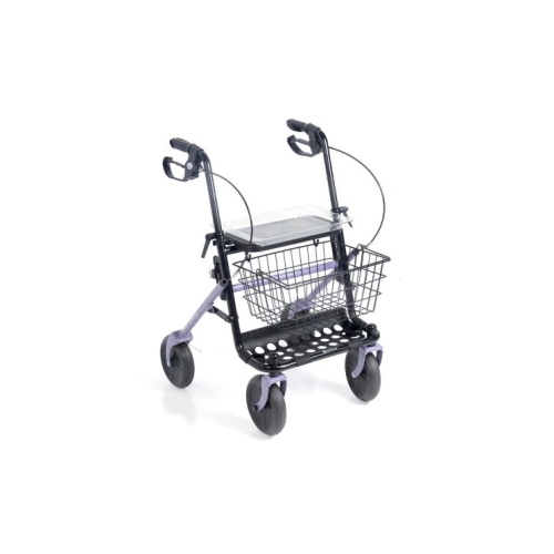 Rollator pieghevole Dyone 2.0 colore lavanda, 4 ruote piene Ø20 cm, freni a doppia funzione, sedile, vassoio e cestino. Portata max 130 kg.