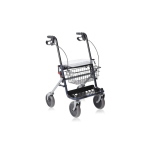 Rollator pieghevole Dyone 1.0, 4 ruote piene Ø20 cm, freni a doppia funzione, sedile in polipropilene, vassoio, cestino e portabastone. Portata max 130 kg.