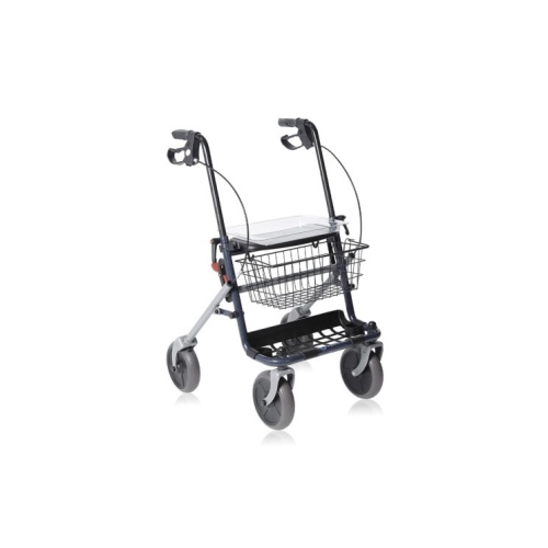Rollator pieghevole Dyone 1.0, 4 ruote piene Ø20 cm, freni a doppia funzione, sedile in polipropilene, vassoio, cestino e portabastone. Portata max 130 kg.