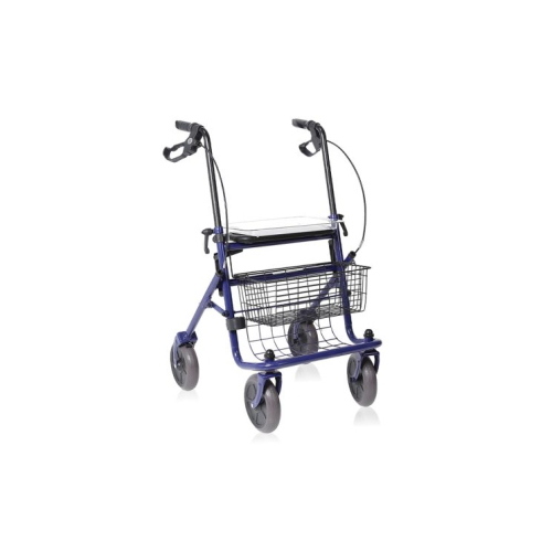 Rollator pieghevole Dyone, 4 ruote piene Ø20 cm, freni a doppia funzione, sedile in poliuretano, vassoio e cestino. Portata max 136 kg.