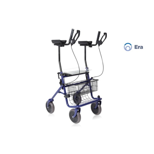 Rollator pieghevole Era con appoggio antibrachiale, 4 ruote piene Ø20 cm, freni a doppia funzione sugli appoggi, sedile, vassoio e cestino. Portata max 136 kg.