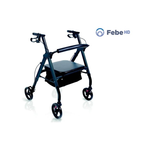 Rollator in alluminio bariatrico Febe HD, seduta e schienale imbottiti regolabili, freno di stazionamento, portata max 180 kg.