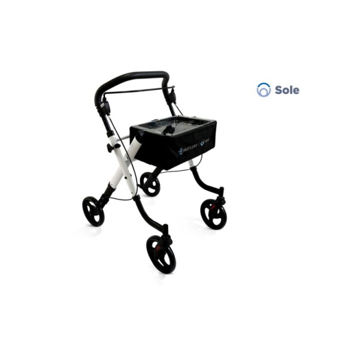 Rollator pieghevole SOLE da interni, maniglia di spinta e freno a leva unica, vassoio trasparente, portata max 136 kg.