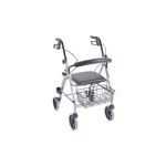 Rollator pieghevole Atlante con seduta imbottita e cestino, 4 ruote EVA Ø20 cm, freni a doppia funzione. Portata max 136 kg.