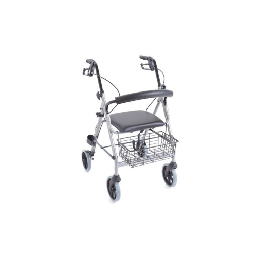 Rollator pieghevole Atlante con seduta imbottita e cestino, 4 ruote EVA Ø20 cm, freni a doppia funzione. Portata max 136 kg.