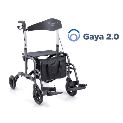 Rollator pieghevole Gaya 2.0, doppia funzione rollator-carrozzina, pedane ribaltabili, 4 ruote PU Ø20 cm, freni a doppia funzione. Portata max 136 kg.