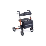 Rollator pieghevole Oceano 2.0 colore arancione, sedile e schienale in tessuto, 4 ruote Ø20 cm, freni a doppia funzione. Portata max 136 kg.