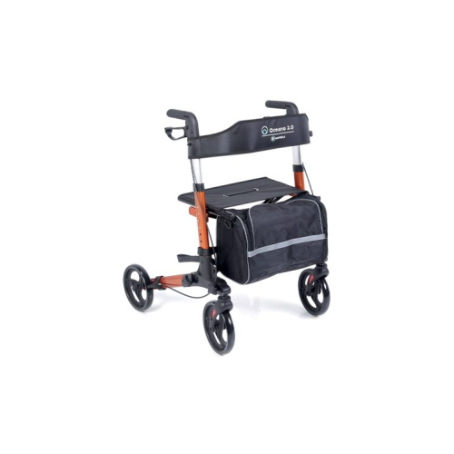 Rollator pieghevole Oceano 2.0 colore arancione, sedile e schienale in tessuto, 4 ruote Ø20 cm, freni a doppia funzione. Portata max 136 kg.