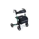 Rollator pieghevole Oceano 2.0 colore verde, sedile e schienale in tessuto, 4 ruote Ø20 cm, freni a doppia funzione. Portata max 136 kg.