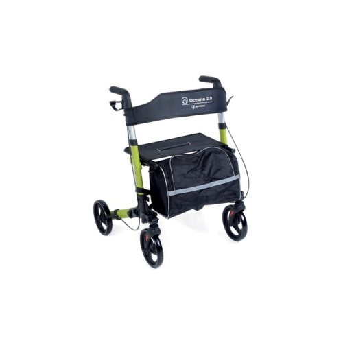 Rollator pieghevole Oceano 2.0 colore lime, sedile e schienale in tessuto, 4 ruote Ø20 cm, freni a doppia funzione. Portata max 136 kg.