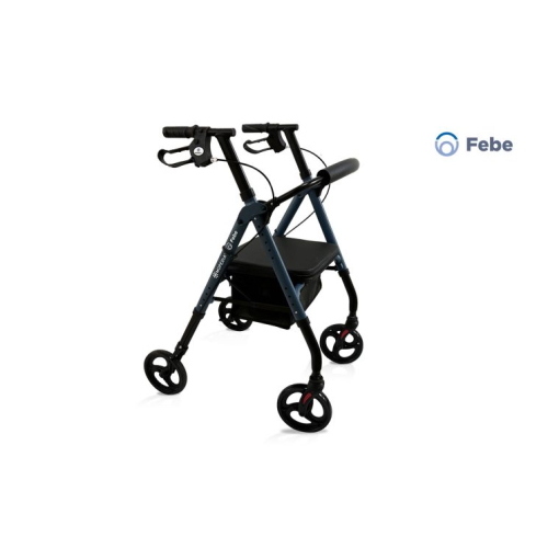 Rollator pieghevole FEBE doppia regolazione, schienale ribaltabile ed estraibile, seduta imbottita regolabile in altezza. Portata max 136 kg.