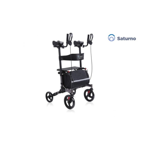 Rollator pieghevole 4 ruote SATURNO, modello antibrachiale, freni a doppia funzione, seduta, schienale, borsa e portabastone. Portata max 136 kg.