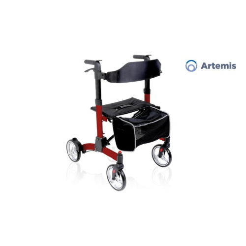 Rollator pieghevole ARTEMIS, chiusura tipo passeggino, schienale imbottito, borsa, portabastone, ruota anteriore estraibile. Portata max 136 kg.
