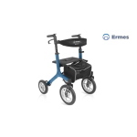 Rollator pieghevole Ermes colore azzurro, 4 ruote pneumatiche, ruota anteriore Ø30 cm, schienale imbottito, borsa e portabastone. Portata max 136 kg.