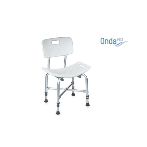 Sedile per doccia con schienale Serie Onda HD, struttura in alluminio rinforzata, seduta e schienale in HDPE regolabili in altezza. Portata max 227 kg.