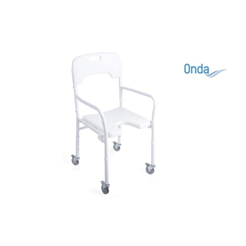 Sedia da doccia con seduta ad U su ruote, pieghevole e regolabile in altezza, Serie Onda. Portata max 120 kg.