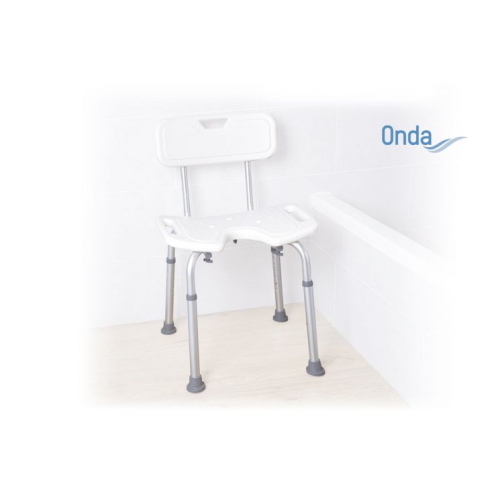 Sedile per doccia in alluminio anodizzato, seduta ad U in HDPE con schienale, Serie Onda. Portata max 136 kg.