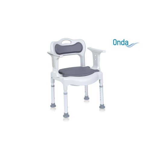 Sedia comoda da doccia con schienale imbottito e seduta removibile imbottita, regolabile in altezza, puntali a ventosa. Portata max 100 kg.
