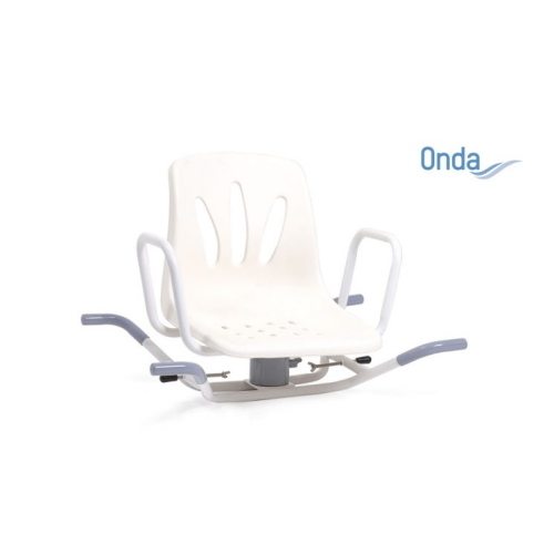 Sedile per vasca girevole, acciaio verniciato bianco, movimento in acciaio inox, seduta in PP con battute laterali di sicurezza. Portata max 120 kg.