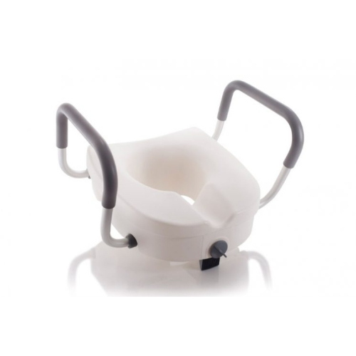 Rialzo per WC con blocco centrale e braccioli, altezza 13 cm. Portata max 110 kg.