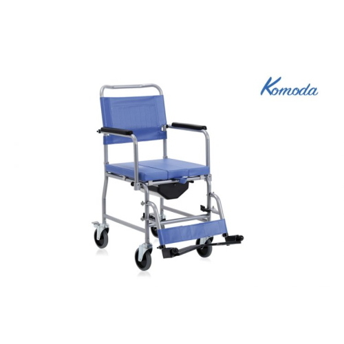 Sedia comoda in acciaio verniciato con 4 ruote piroettanti (posteriori con freno), seduta 45 cm. Portata max 135 kg.