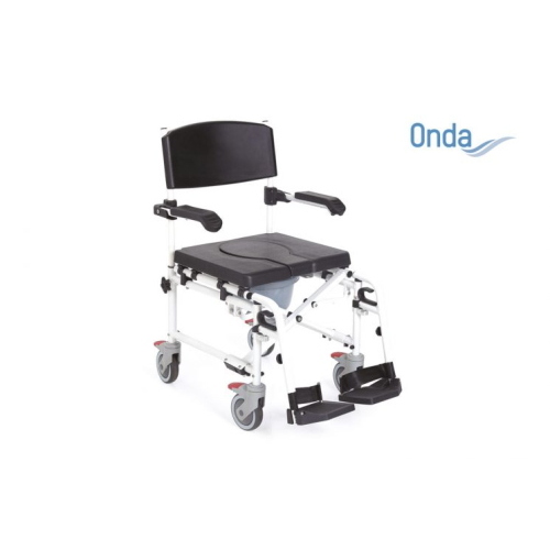 Sedia comoda pieghevole per WC e doccia, Serie Onda, alluminio verniciato, 4 ruote Ø12 cm con freno. Portata max 136 kg.