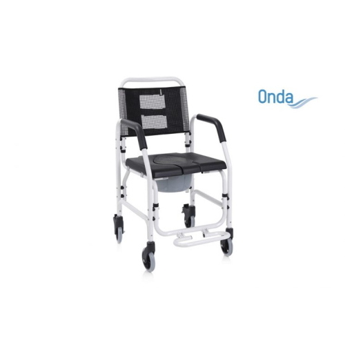 Sedia per doccia e WC fissa con 4 ruote, alluminio verniciato, schienale in tessuto a rete. Portata max 100 kg.