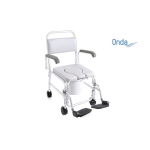 Sedia comoda per WC e doccia su ruote, imbottitura in PVC termosaldato, alluminio anodizzato. Portata max 110 kg.