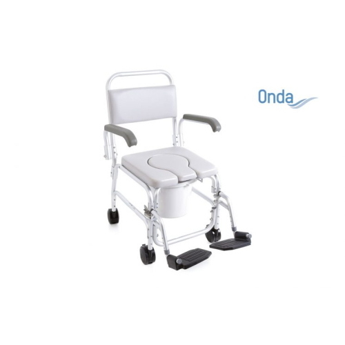 Sedia comoda per WC e doccia su ruote, imbottitura in PVC termosaldato, alluminio anodizzato. Portata max 110 kg.