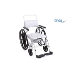 Sedia per WC e doccia ad autospinta, imbottitura in PVC termosaldato, alluminio anodizzato, ruote posteriori Ø62 cm. Portata max 110 kg.