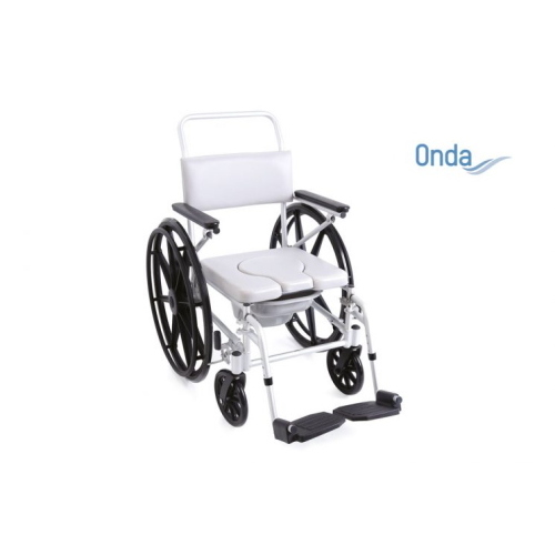 Sedia per WC e doccia ad autospinta, imbottitura in PVC termosaldato, alluminio anodizzato, ruote posteriori Ø62 cm. Portata max 110 kg.