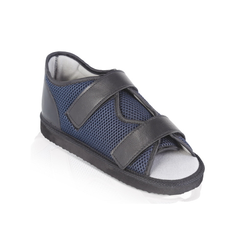 Calzatura post operatoria a sandalo, punta aperta, suola rigida, ambidestra, per decorsi post-chirurgici e bendaggi al piede, chiusura in velcro rimovibile, contrafforte rigido, tessuto 3D traspirante, patta rimovibile, misura 45/46 (tg. XXL).