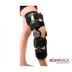Ginocchiera Telescopica Postoperatoria Zero Impact Eumedica - Misura unica: struttura in alluminio regolabile, 4 fasce di fissaggio. Indicata per instabilità post-protesi, lesioni legamentose, fratture.