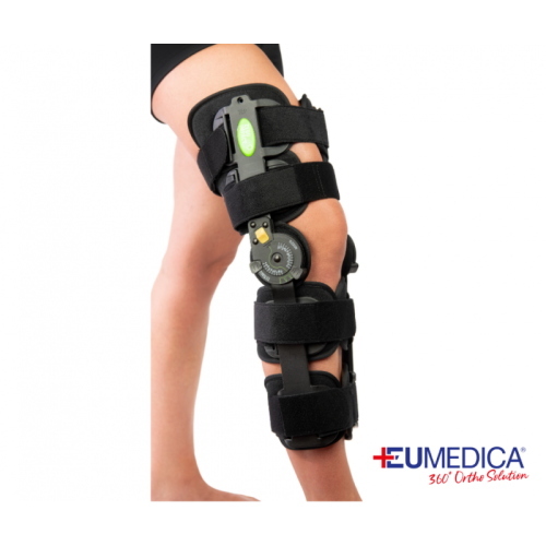 Ginocchiera Telescopica Postoperatoria Zero Impact Eumedica - Misura unica: struttura in alluminio regolabile, 4 fasce di fissaggio. Indicata per instabilità post-protesi, lesioni legamentose, fratture.