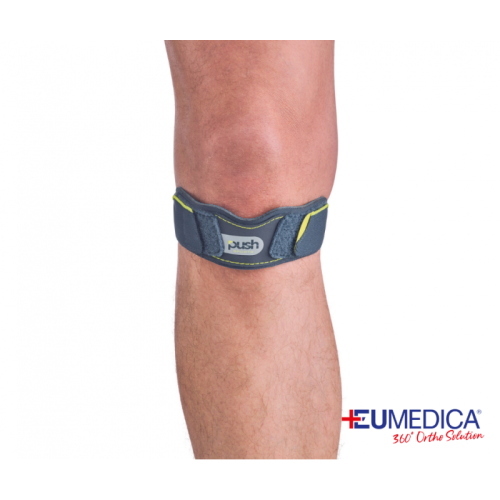 Cinturino Rotuleo Push Sports Eumedica - Misura unica: sostiene la rotula, cuscinetto viscoelastico anti-scivolamento. Indicato per sindrome femoro-rotulea, tendinite rotulea, Osgood-Schlatter.
