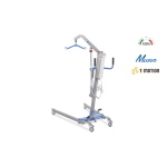 Sollevamalati elettrico, portata max 150 kg: apertura gambe a pedale con blocco di sicurezza, struttura in acciaio verniciato, 4 ruote piroettanti Ø10 cm (2 con freno), pulsante di stop di emergenza, telecomando.