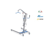 Sollevamalati elettrico, portata max 200 kg: apertura gambe a pedale con blocco di sicurezza, struttura in acciaio verniciato, 4 ruote piroettanti Ø10 cm (2 con freno), pulsante di stop di emergenza, telecomando.