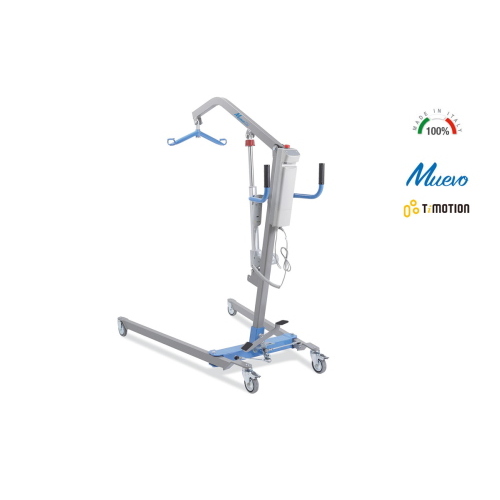 Sollevamalati elettrico, portata max 200 kg: apertura gambe a pedale con blocco di sicurezza, struttura in acciaio verniciato, 4 ruote piroettanti Ø10 cm (2 con freno), pulsante di stop di emergenza, telecomando.