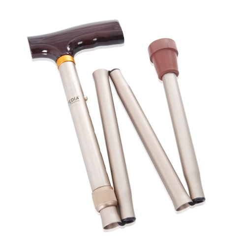 Bastone pieghevole in alluminio anodizzato, colore Bronzo - Brio, portata max 100 kg, pieghevole per un trasporto comodo, impugnatura in legno, puntali antiscivolo.