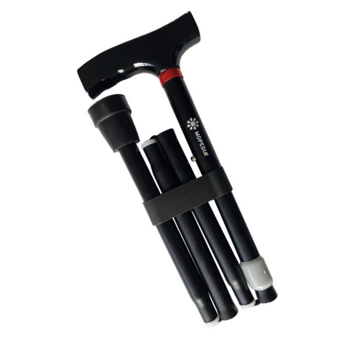 Bastone pieghevole in alluminio anodizzato, colore Nero - Brio, portata max 100 kg, pieghevole per un trasporto comodo, impugnatura in legno, puntali antiscivolo.