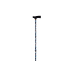 Bastone in alluminio fantasia Blues, manico a T in legno - Brio, portata max 100 kg, polsino cortesia, indicato per persone con lieve instabilità nella deambulazione che necessitano di un punto di appoggio supplementare.