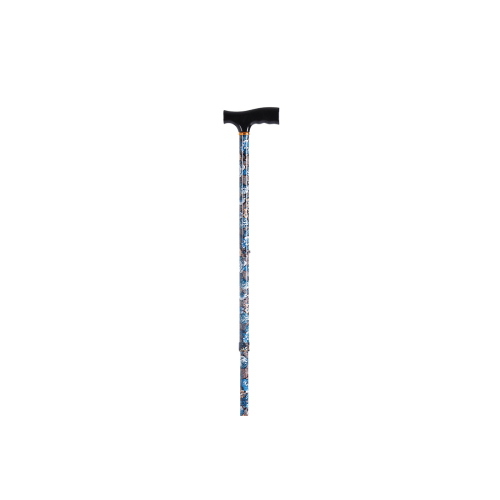 Bastone in alluminio fantasia Blues, manico a T in legno - Brio, portata max 100 kg, polsino cortesia, indicato per persone con lieve instabilità nella deambulazione che necessitano di un punto di appoggio supplementare.