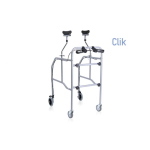 Deambulatore smontabile con appoggio sottoascellare in acciaio verniciato, con freni su ruote posteriori Ø 15,5 cm. Appoggi imbottiti regolabili. Portata max 130 kg, struttura in acciaio verniciato, ruote piroettanti Ø 10 cm (alcune con freno).