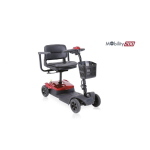 Scooter elettrico smontabile pieghevole, colore rosso, seduta L 38 cm con cuscino asportabile. Motore 270W, velocità max 6 km/h, autonomia oltre 11 km, portata max 113 kg, sedile girevole e schienale abbattibile, braccioli regolabili in larghezza.