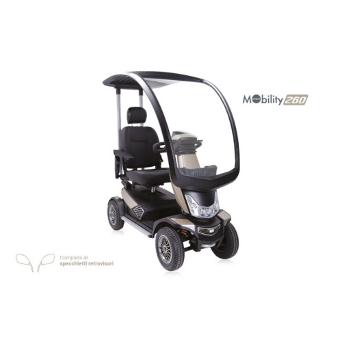 Scooter elettrico smontabile pieghevole, seduta L 46 x P 46 cm. Motore 1650W, velocità max 15 km/h, autonomia oltre 54 km, portata max 203 kg, tettuccio removibile di serie, sedile girevole e ribaltabile, cruscotto LCD.